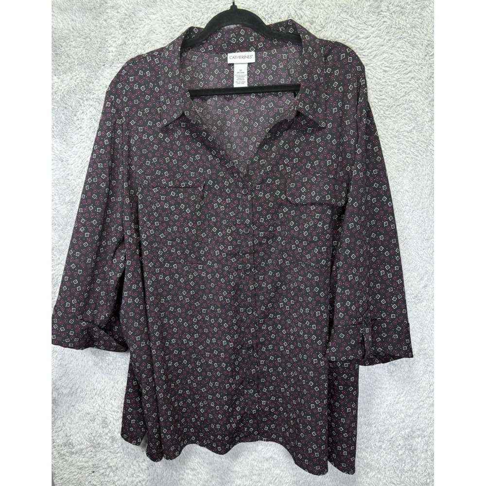 Catherines Womens 3X Purple Black Geometric Button Up Top Stretch Plus Size